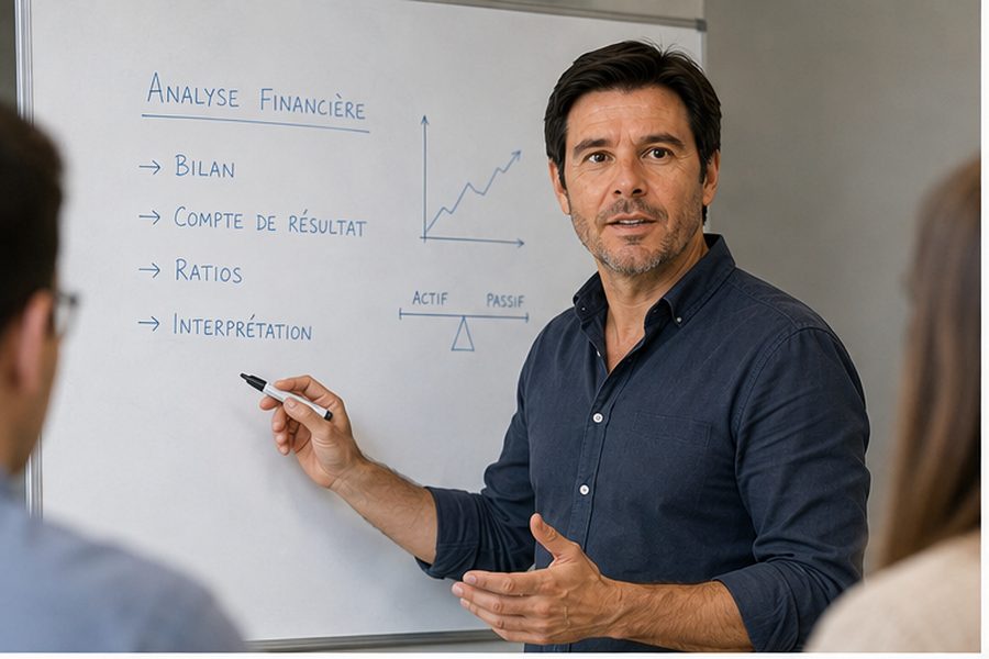Jonathan Lecompte anime une formation en analyse financière devant un tableau.